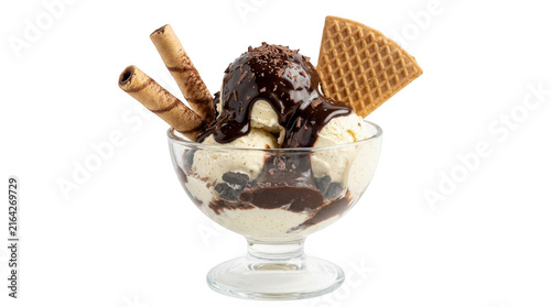 Vanilla ice cream sundae with chocolate sauce and wafer cookies in a glass bowl