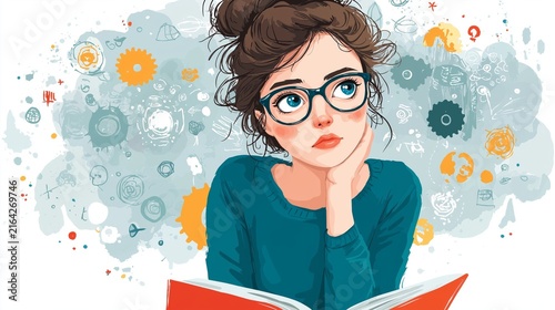 Thoughtful girl immersed in a book with creative illustrations surrounding her