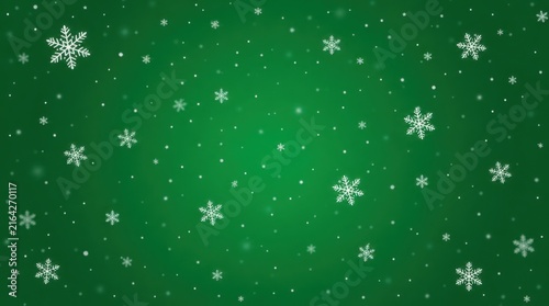 Green background with scattered white snowflakes of various sizes, creating a festive and wintery atmosphere.