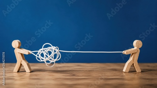 Obraz na płótnie Wooden figures pulling tangled white cable against blue backdrop showing struggle and problem.