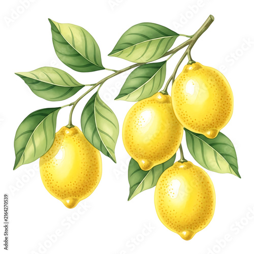 Four ripe lemons on a branch with leaves isolated on transparent background