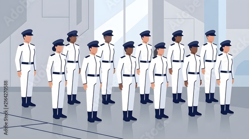 Uniformed Crew Members Standing in Line in Modern Airport Terminal