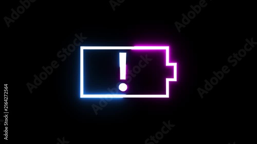 Neon low battery icon with exclamation mark pulsing against solid black motion background.