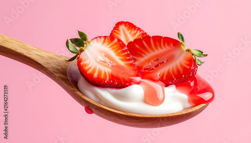 Creamy yogurt on wooden spoon with glazed strawberry slices
