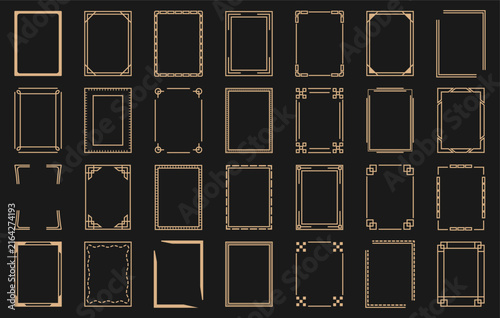 Decorative rectangular frame set with different geometric borders, corners and line ornaments in elegant golden style for invitations and certificates