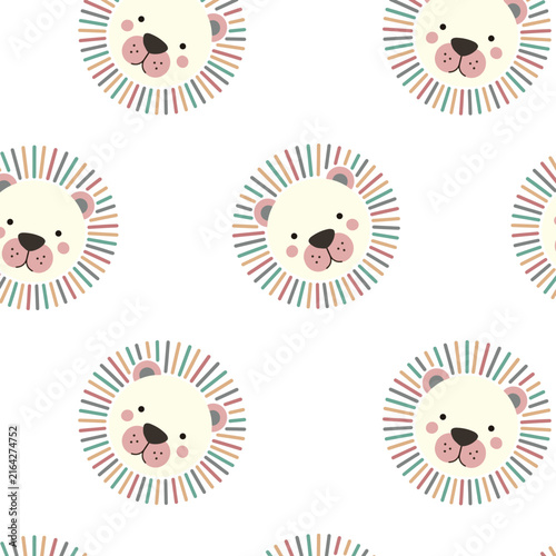Seamless pattern with cute face of a lion. Hand-drawn illustration in Scandinavian style. Vector