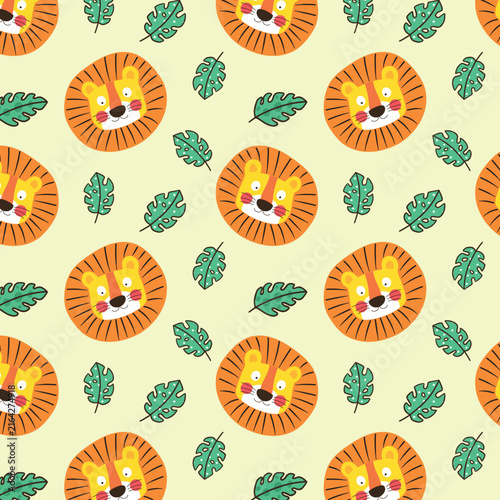 Cute Safari Animals Seamless Pattern for Kids.Childish Cartoon Animals Background. Cute Cartoon lion, Zebra, Giraffe, and Elephant. design for background, wallpaper, fabric, textile and more.