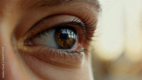 Close-up of a person's eye with detailed eyelashes and reflections, showcasing the progression of focus and light in a natural outdoor setting during sunset
