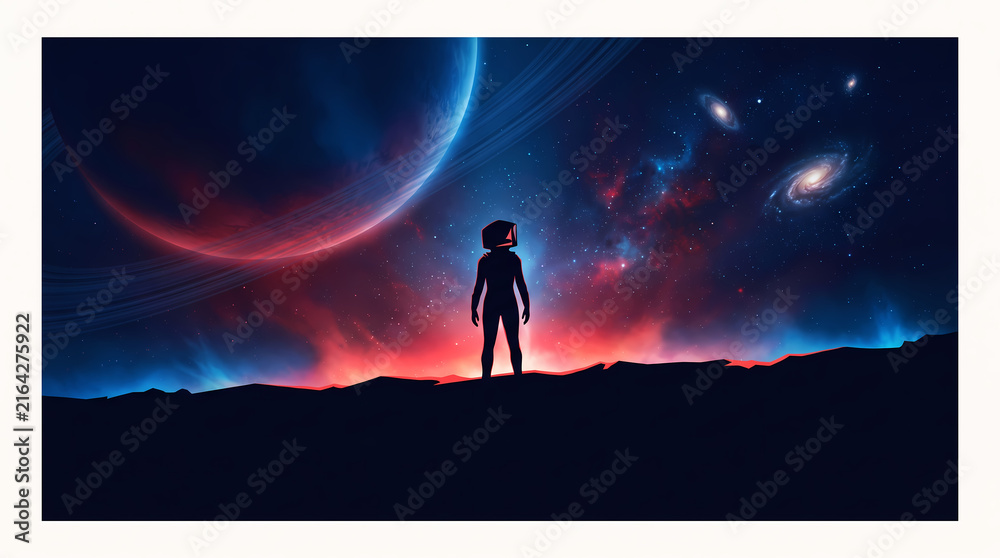 Fototapeta premium Astronaut Silhouette Exploring Alien Planet with Cosmic Background