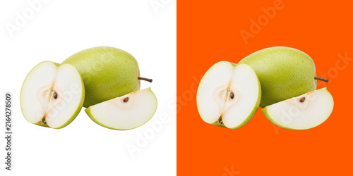 Fresh green pear fruit with sliced pieces on orange and white transparent png