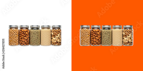 Five glass jars filled with assorted dry grains and healthy nuts stock photo transparent png