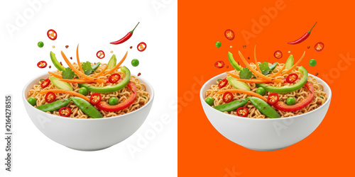 Fresh bowl of delicious instant ramen noodles with vegetables and chili pepper transparent png