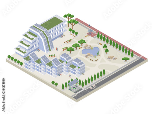 isometric eco-friendly neighborhood with terraced apartments and natural pond