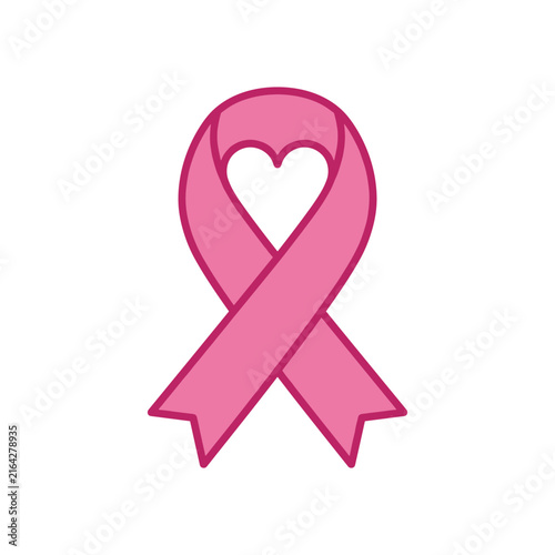 Pink breast cancer awareness ribbon icon with heart shape center vector illustration