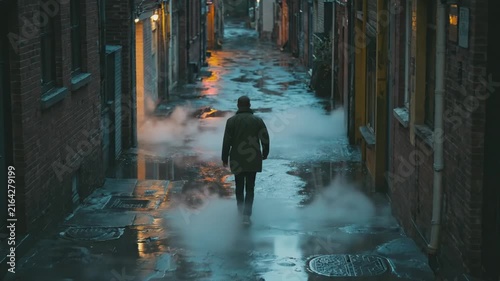 Man walking through a dark misty city alley at night