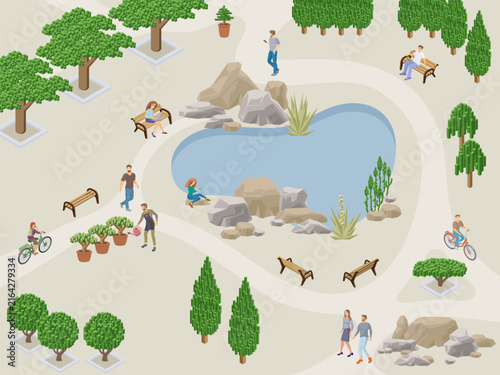 isometric city park scene with pond people benches and trees