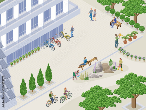 isometric building courtyard scene with bikes people and garden path