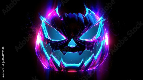 Halloween Banner with Neon Glowing Jack O Lantern Pumpkin on Black Background