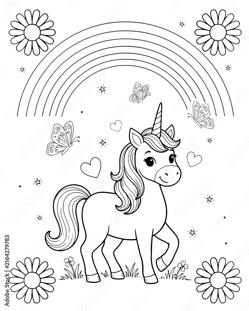 Naklejka premium Cute unicorn standing under a rainbow with flowers and butterflies black and white coloring page line art kids activity mythical creature fairy tale