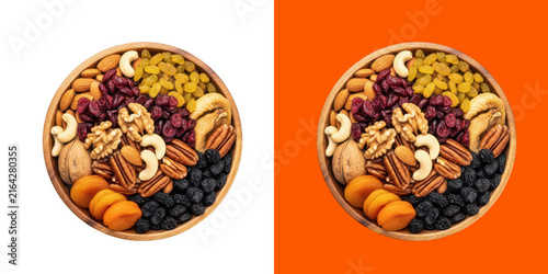 Healthy mix of dried fruits and nuts in a wooden bowl transparent png
