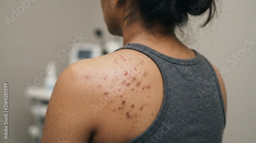 Close up view of a woman showing a painful skin problem with red bumps on her shoulder