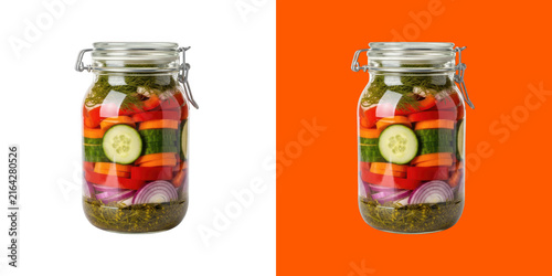 Glass jar filled with pickled colorful sliced vegetables and fresh dill transparent png