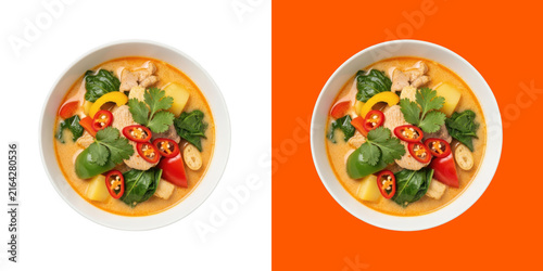 Top view of a tasty spicy red curry soup in a bowl for dinner transparent png
