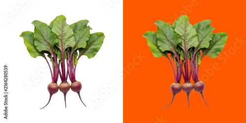 Three fresh beet roots with green leaves in a row transparent png