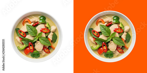 Thai Green Chicken Curry Bowl with Basil and Chili Pepper Top View transparent png