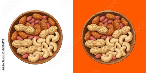 Wooden bowl filled with mixed raw nuts set transparent png