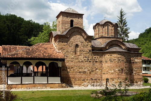 Medieval monastery Poganovo (XIV century) in the valley of the Jerma River and monastery church, Serbia. Adobe RGB color profile. Real photo.