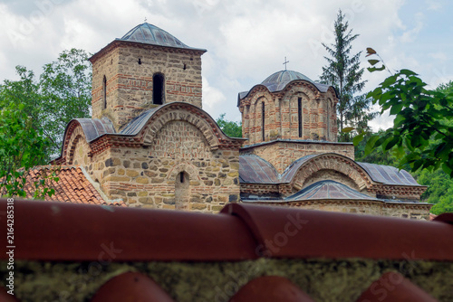 Medieval monastery (14th century) Poganovo in the valley of the Jerma River- view over the outer wall. Adobe RGB color profile. Real photo.