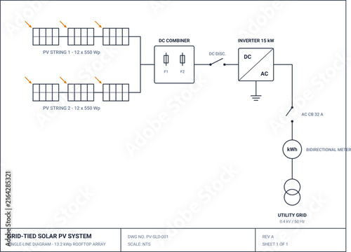 Solar PV System Single Line Diagram - Grid Tied Rooftop Array Electrical Schematic