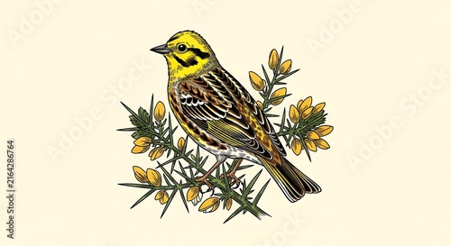 Beautiful Hand-Drawn Illustration of a Yellowhammer Bird Perched on Gorse Bush Branch