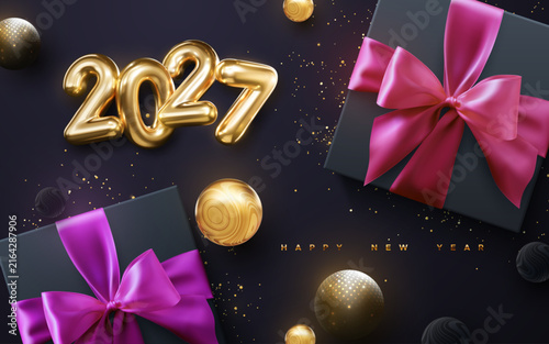 Black gift boxes with pink and purple bow and ribbon with golden glitters, glossy balls and golden 2027 numbers on black background. Happy New 2027 Year. Vector holiday illustration.