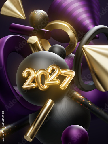Happy New 2027 Year. Holiday vector illustration golden numbers 2027 and abstract geometric 3d shapes. Festive poster or banner design. NYE party invitation