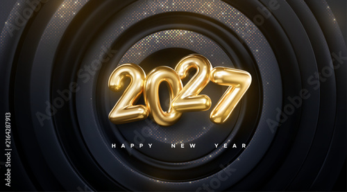 Happy New 2027 Year. Vector holiday illustration of golden numbers 2027 on black radial background textured with gold shiny glitters