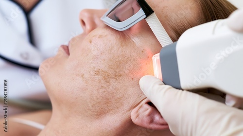 Close-up of IPL phototherapy applied to facial pigmentation near the temple while woman wears protective glasses, illustrating professional skin rejuvenation treatment
