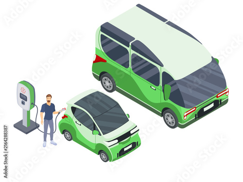 isometric electric shuttle bus and car at ev charging station