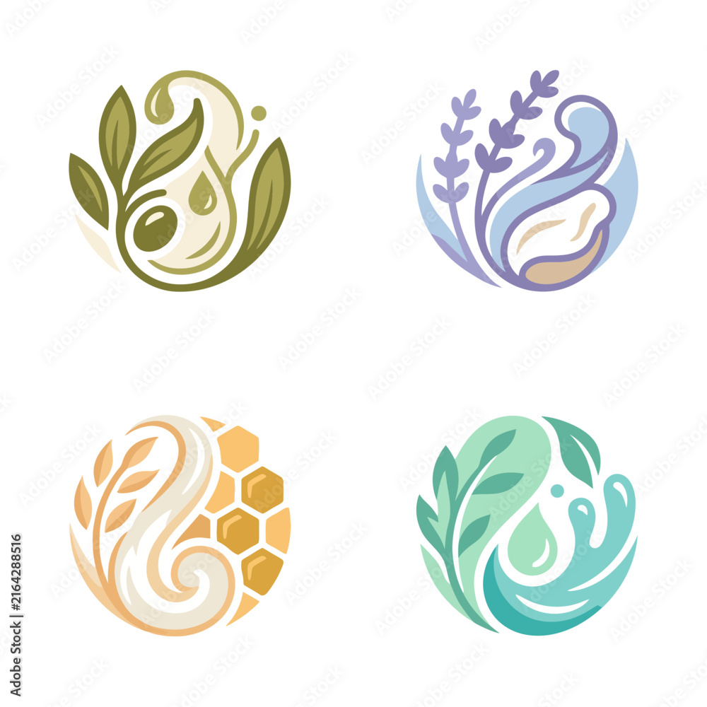 Fototapeta premium Circular icons display various natural ingredients including olive oil with leaves, lavender with a liquid swirl, honey with wheat, and a water splash with leaves, each with a distinct color palette.