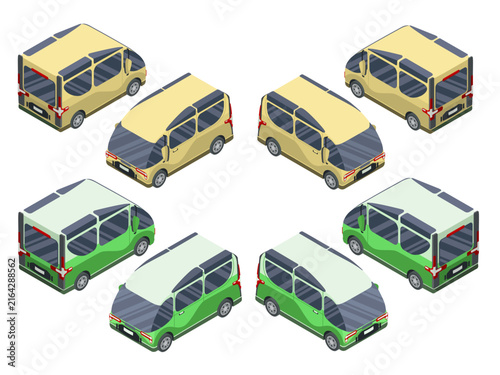 isometric electric shuttle bus set in yellow and green colors