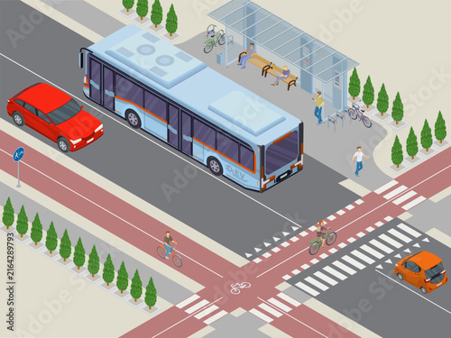 isometric bus stop at busy crossroad with cyclists and cars