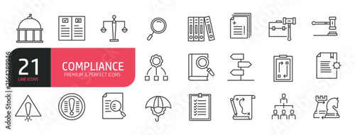 Set of line icons related to compliance. Outline icons collection. Editable stroke. Vector illustration