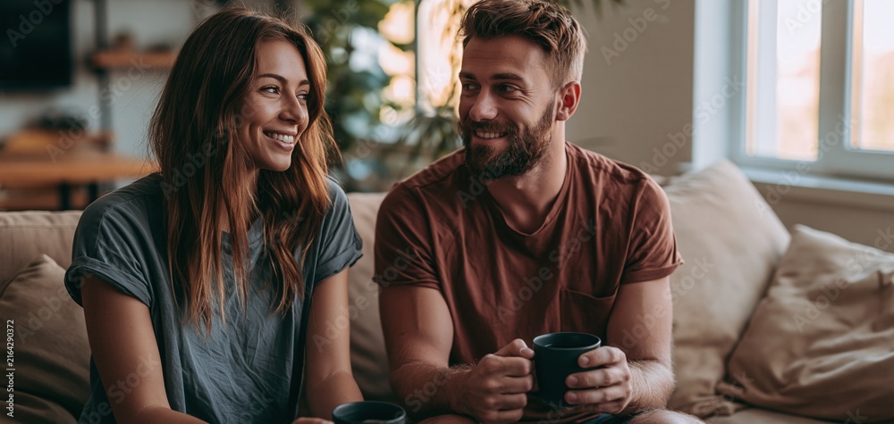 Obraz premium Young couple enjoying slow morning together with coffee and conversation inside stylish home