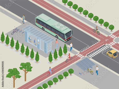 isometric city intersection scene with bus stop viewed from behind