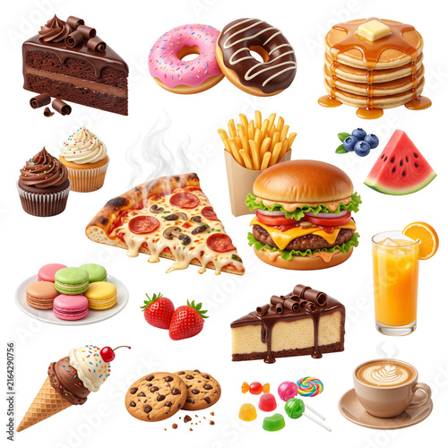 Food assortment containing delicious cheeseburgers, pizza, sweet donuts, pancakes, and refreshing drinks isolated on a white background.