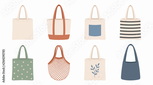 Collection of various eco friendly tote bags with different designs isolated on white background, representing sustainable lifestyle and illustrating reusable shopping bag concepts
