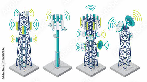 Isometric collection of telecommunication towers with satellite dishes and radio antennas emitting signal waves, representing global digital network, provides high speed wireless 5G infrastructure