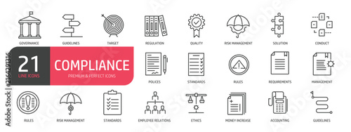 Set of line icons related to compliance. Outline icons collection. Editable stroke. Vector illustration