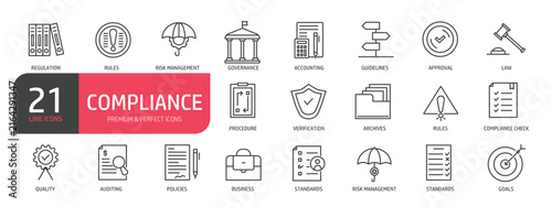 Set of line icons related to compliance. Outline icons collection. Editable stroke. Vector illustration